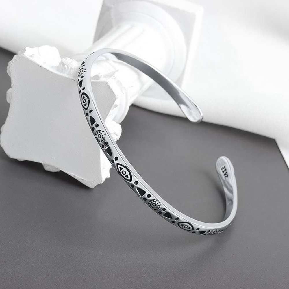 Boho Engraved 925‎ Sterling Silver Cuff Bracelet, 58cm Adjustable